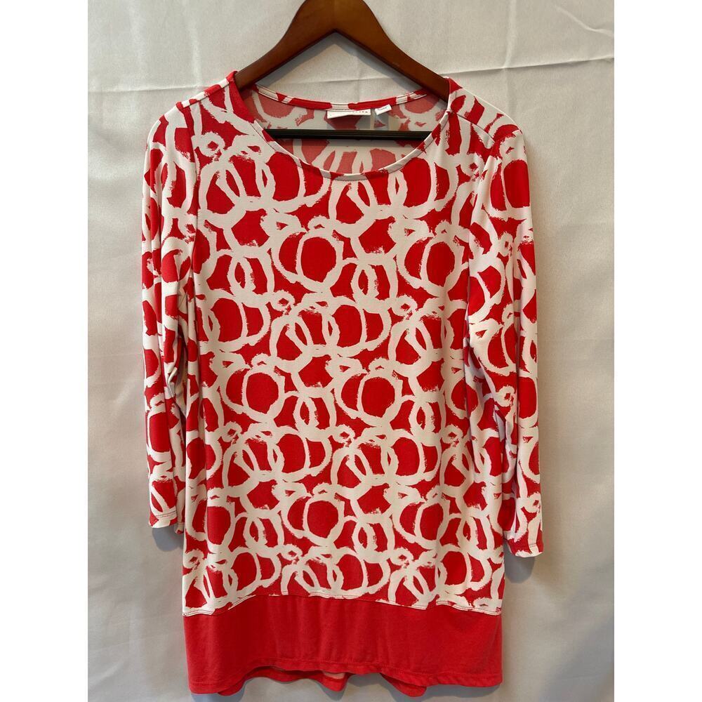 Susan Graver Red and White Circle Pattern L Shift Dress Blouse